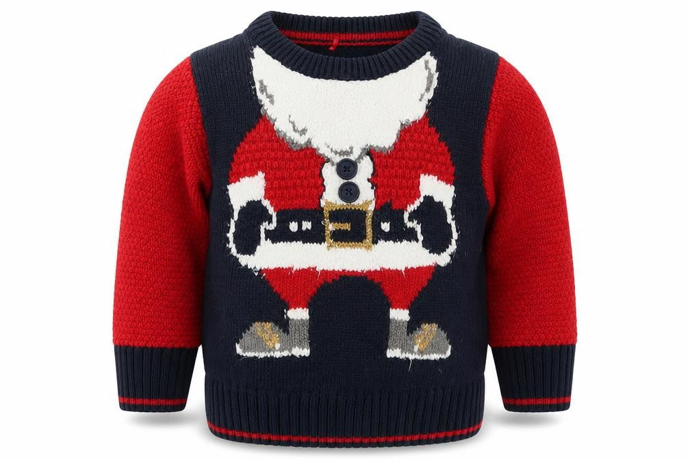 Front view of George boys’ blue knit jumper, size 9-12, months - santa