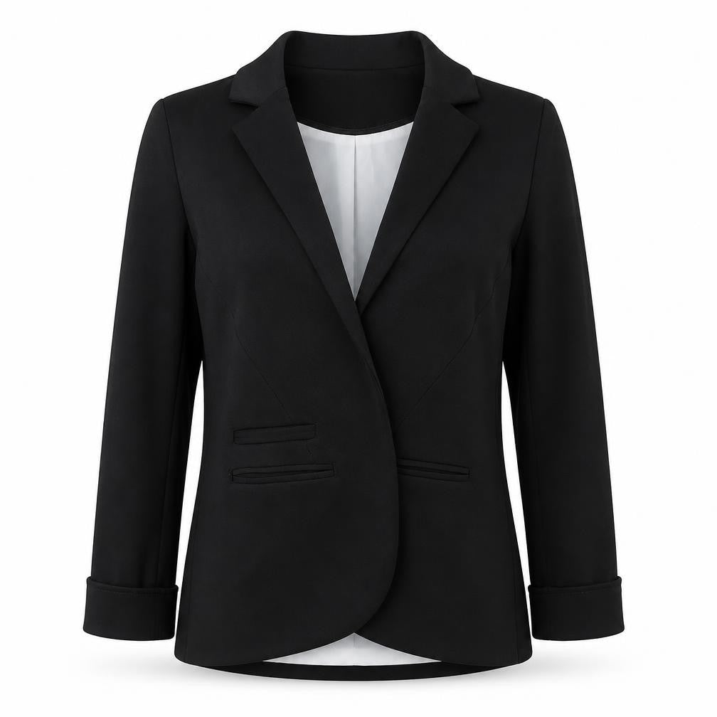 Front view of INBDUE women’s black jacket, size UK 8