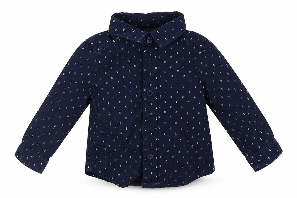 Front view of M&Co boys’ blue basic button-up, size 0-3, months