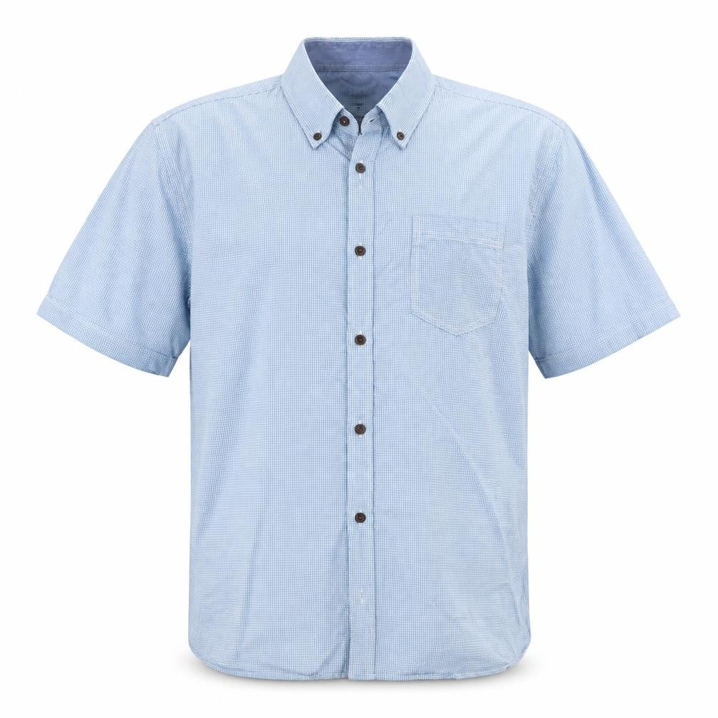 Front view of Greenwoods men’s blue check button-up, size L