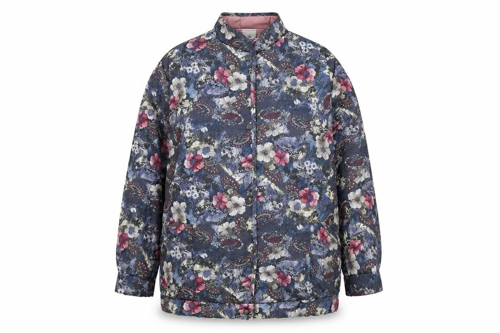 Front view of Preworn women’s blue floral pea coat coat, size M