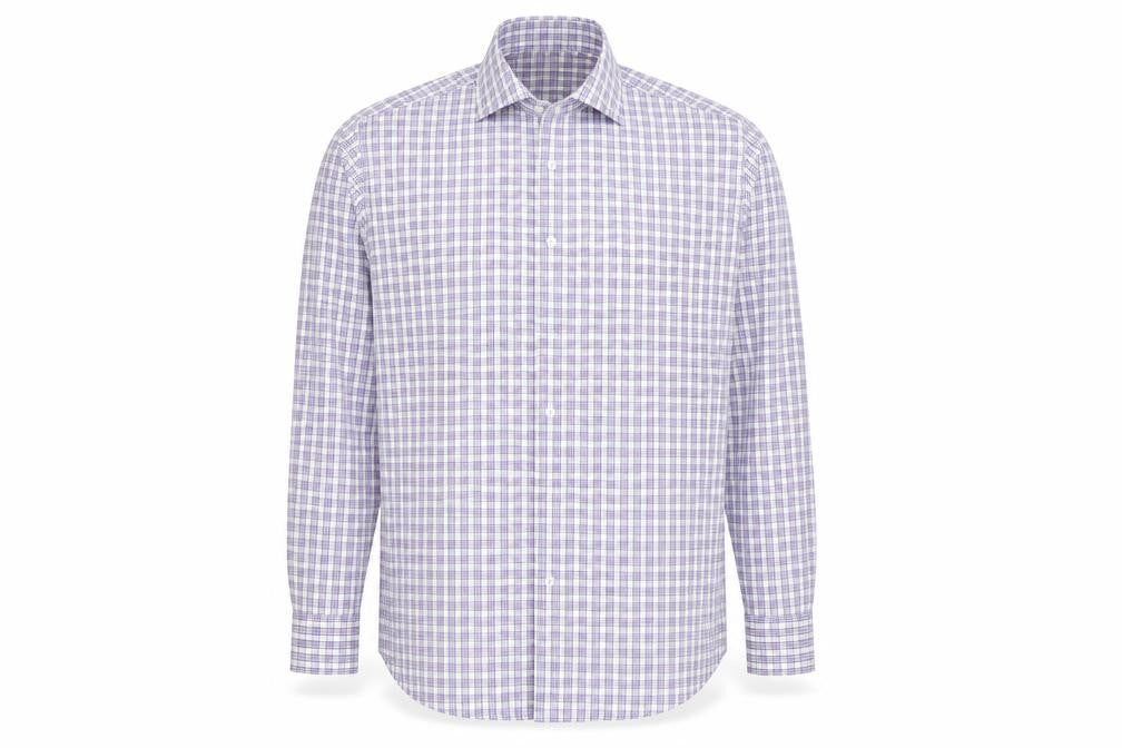 Front view of Collezione men’s purple plaid button-up, size L
