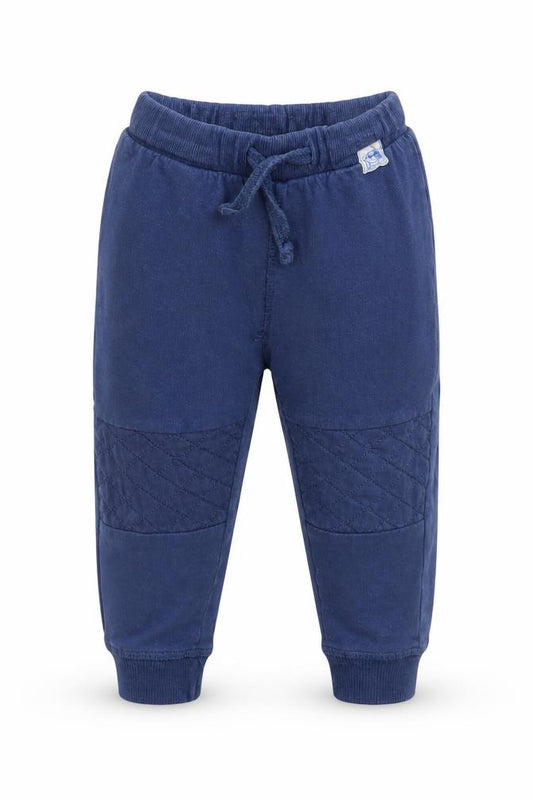 Front view of Urban Adventure boys’ blue jogger trousers, size 12-18, months - waist 16in; inside leg 10in