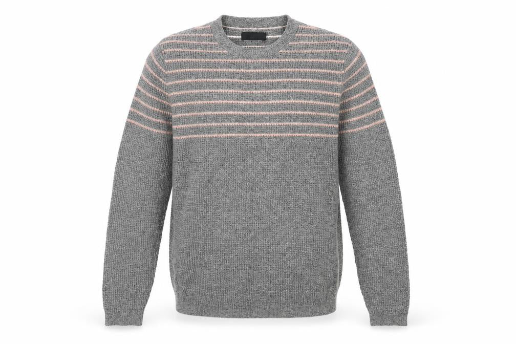 Front view of ASOS men’s grey striped knit jumper, size S