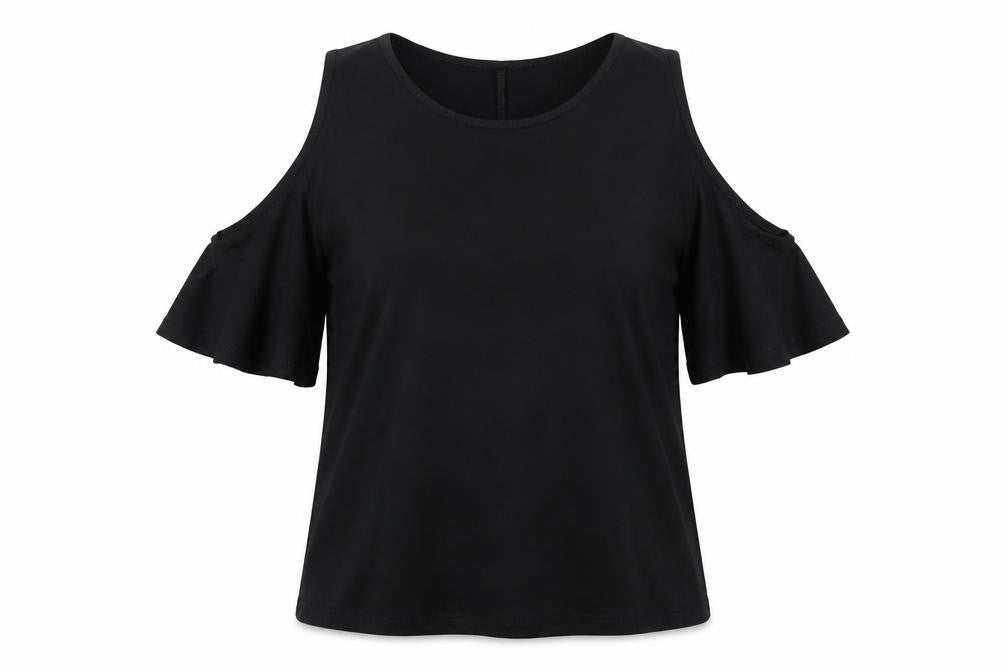 Front view of Peacocks women’s black basic t-shirt, size UK 12