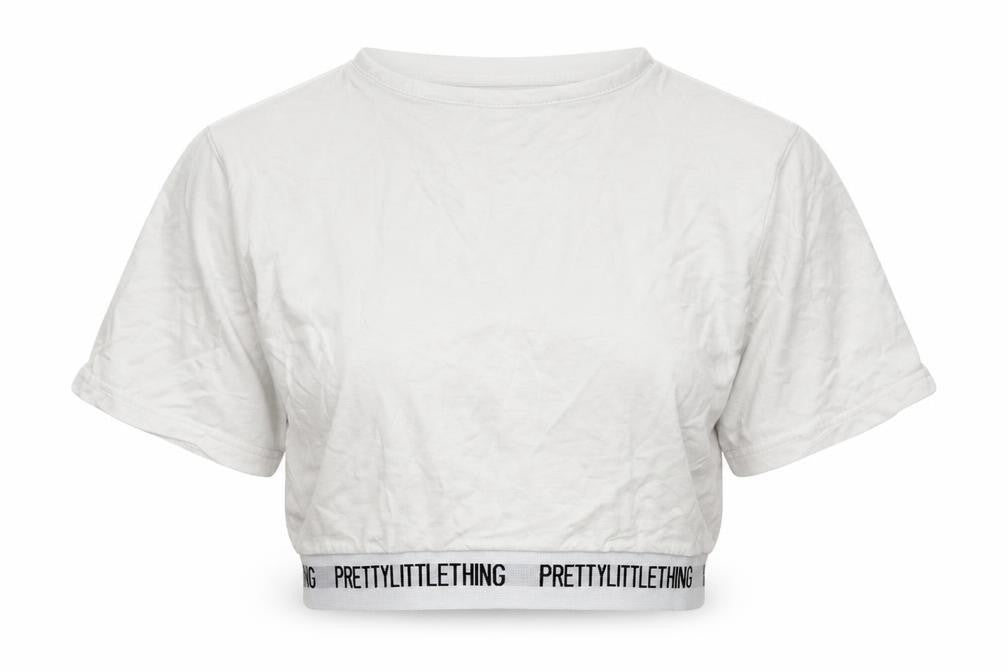 Front view of PRETTYLITTLETHING women’s silver colourblock basic t-shirt, size UK 4