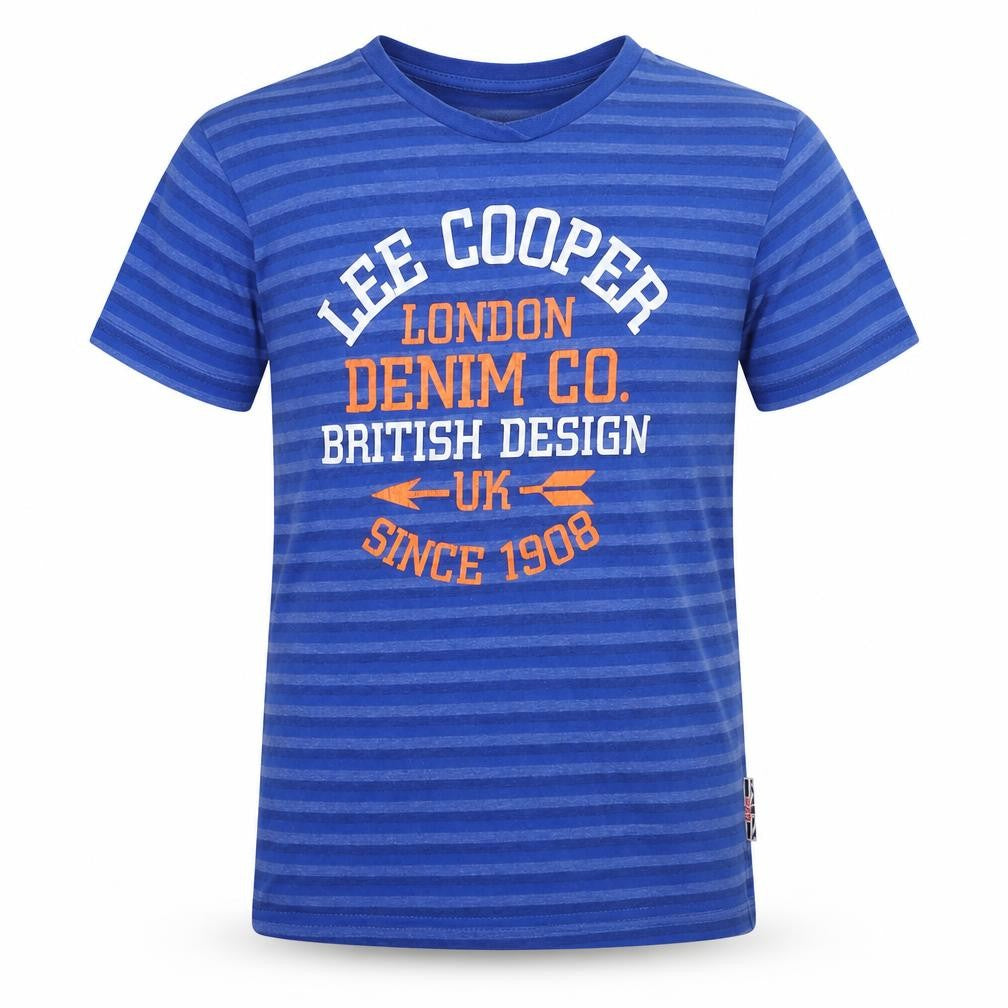 Front view of Lee Cooper boys’ blue striped basic t-shirt, size 7-8, years