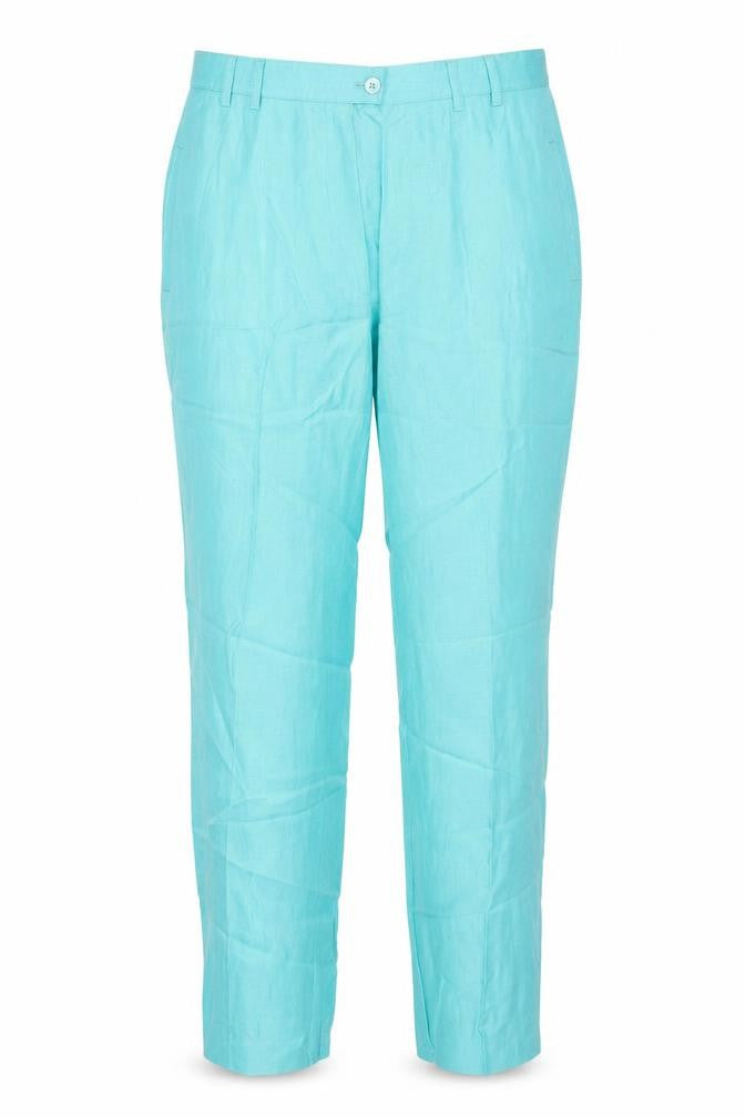 Front view of Eugene Klein women’s blue trousers, size UK 16, 32-inch leg