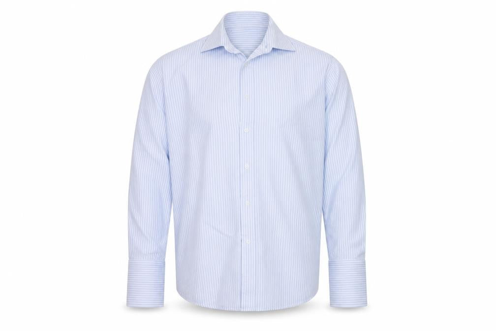 Front view of Haines & Bonner men’s blue striped button-up, size 16.5