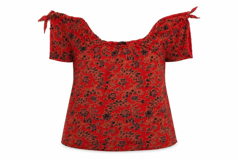 Front view of New Look women’s red geometric basic blouse, size UK 8