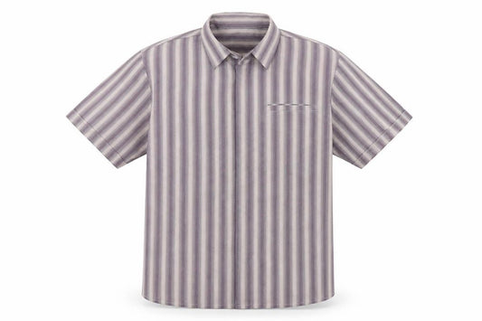 Front view of Easy men’s brown striped button-up, size M