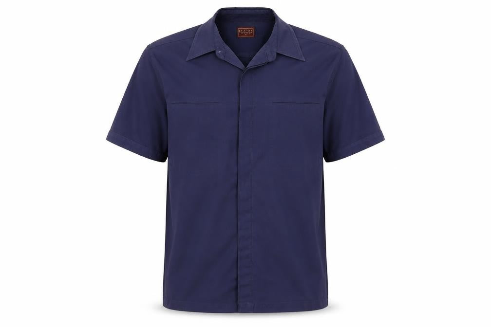 Front view of Burton men’s blue button-up, size S