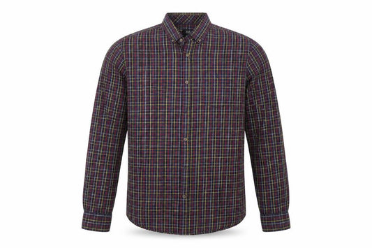 Front view of F&F men’s brown check button-up, size L