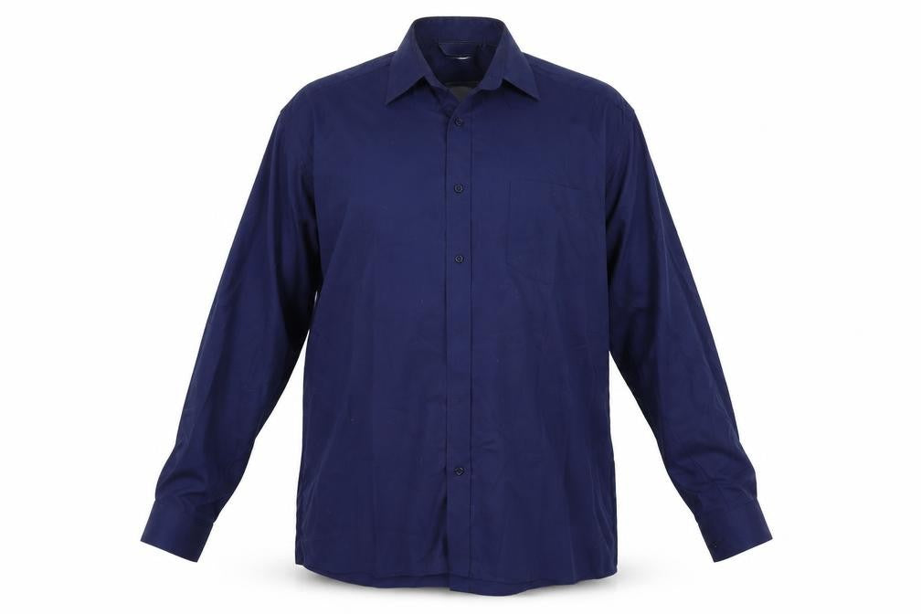 Front view of wash&wear men’s blue button-up, size 15