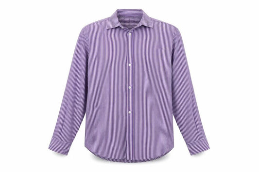 Front view of F&F men’s purple striped button-up, size 16.5