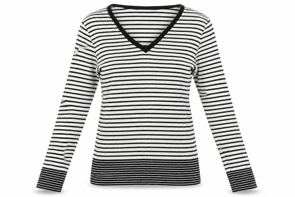 Front view of Next women’s white striped jumper, size UK 12