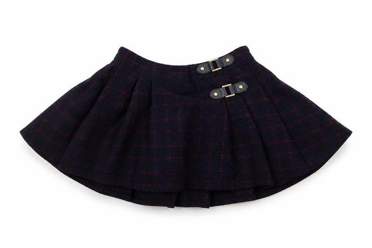 Front view of M&Co girls’ blue check a-line skirt, size 12-18, months