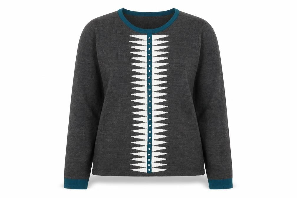 Front view of Autonomy women’s grey geometric knit jumper, size S