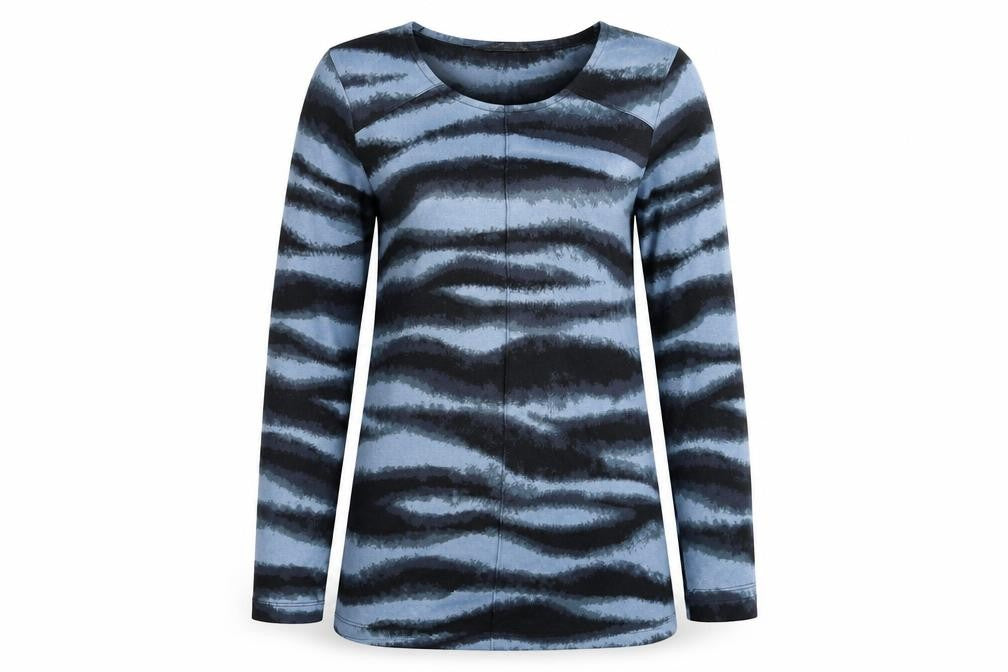 Front view of Love Leisure women’s blue geometric knit jumper, size UK 10