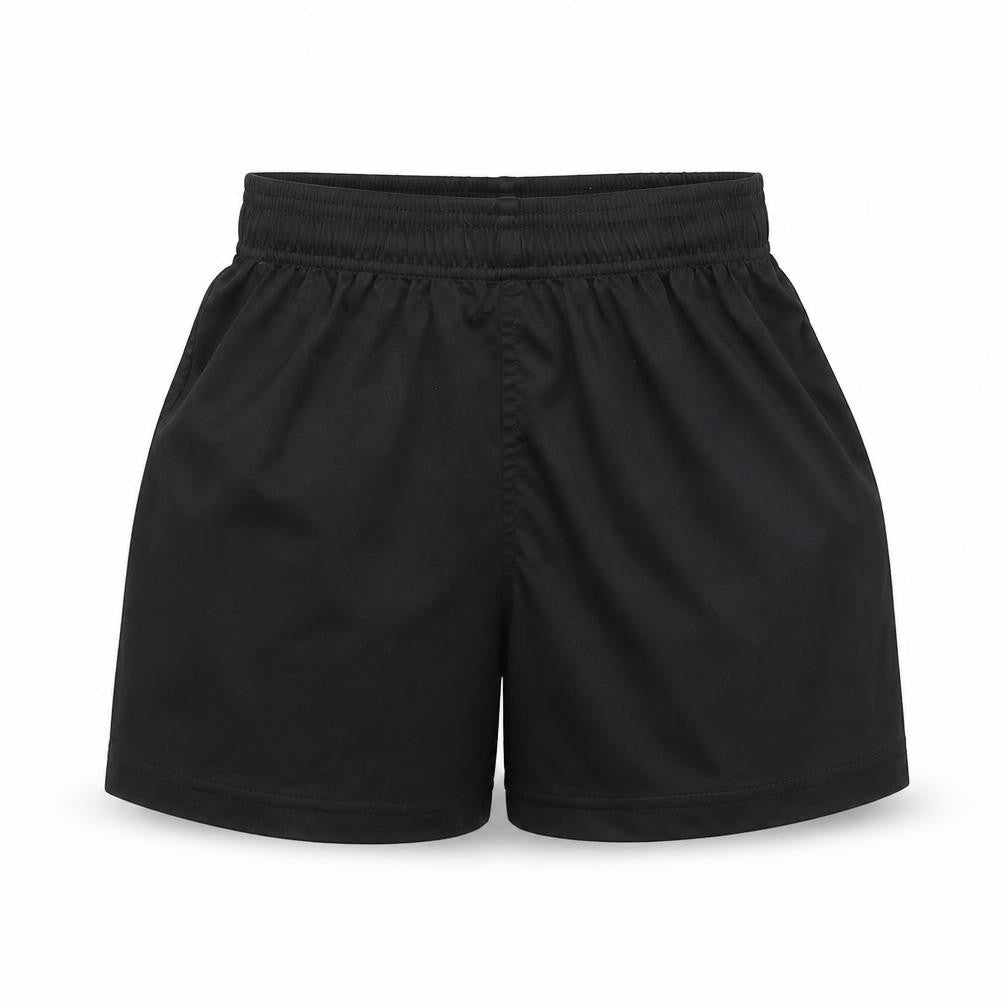 Front view of Mitre boys’ black dungaree shorts shorts, size S