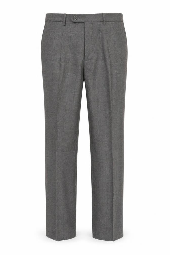 Front view of marks men’s grey check trousers, size 34, 26-inch leg