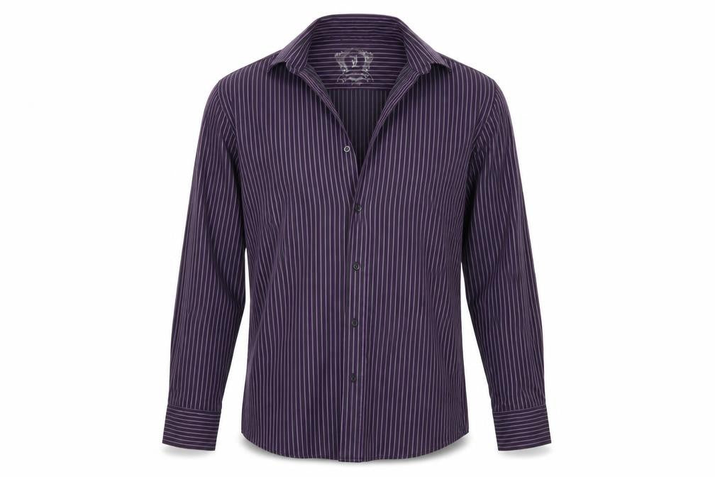 Front view of Cedarwood State men’s purple striped button-up, size L