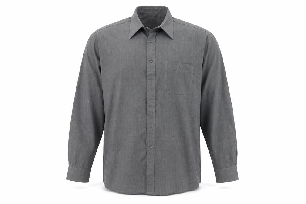 Front view of infuse men’s grey button-up, size XL