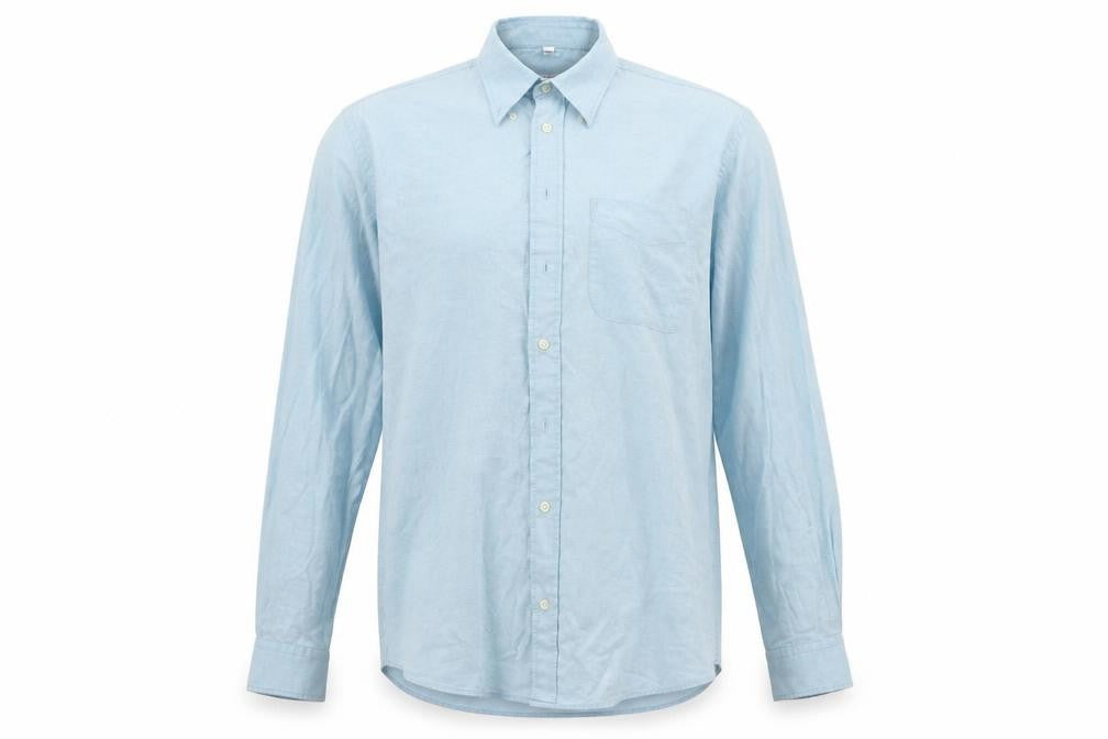 Front view of armando men’s blue button-up, size 15.5