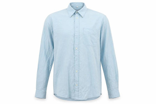 Front view of armando men’s blue button-up, size 15.5