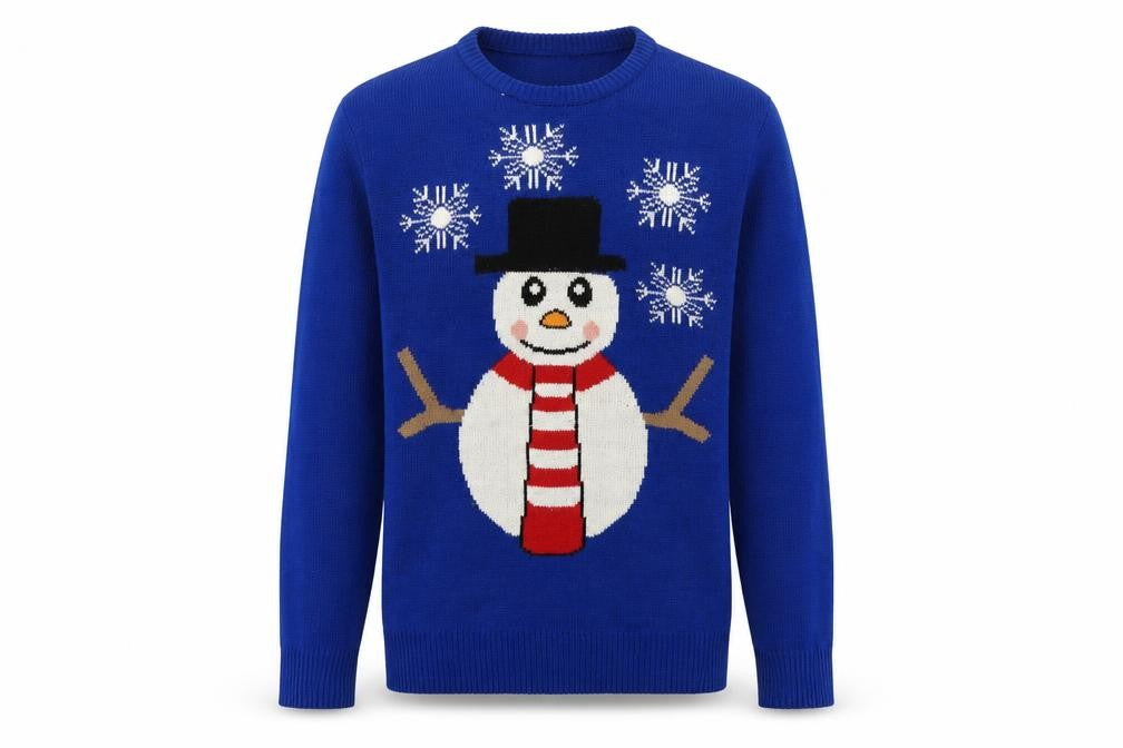 Front view of Preworn men’s blue knit pullover sweatshirt, size L, - christmas