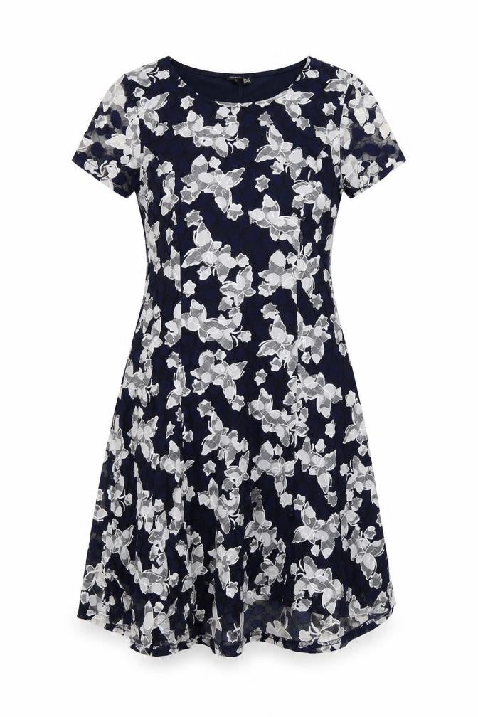 Front view of izabel women’s blue floral a-line, size UK 10