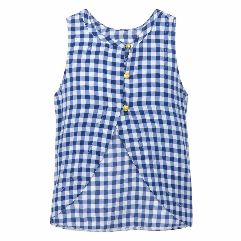 Front view of Preworn women’s blue check mesh basic t-shirt, size UK 8