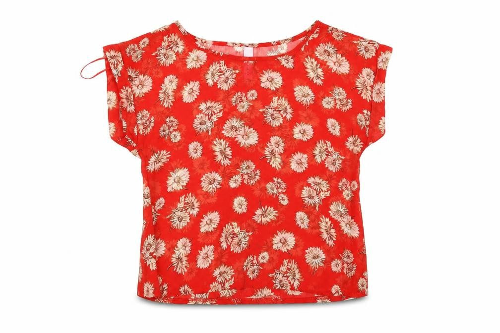Front view of Miss Moda women’s red floral basic t-shirt, size S