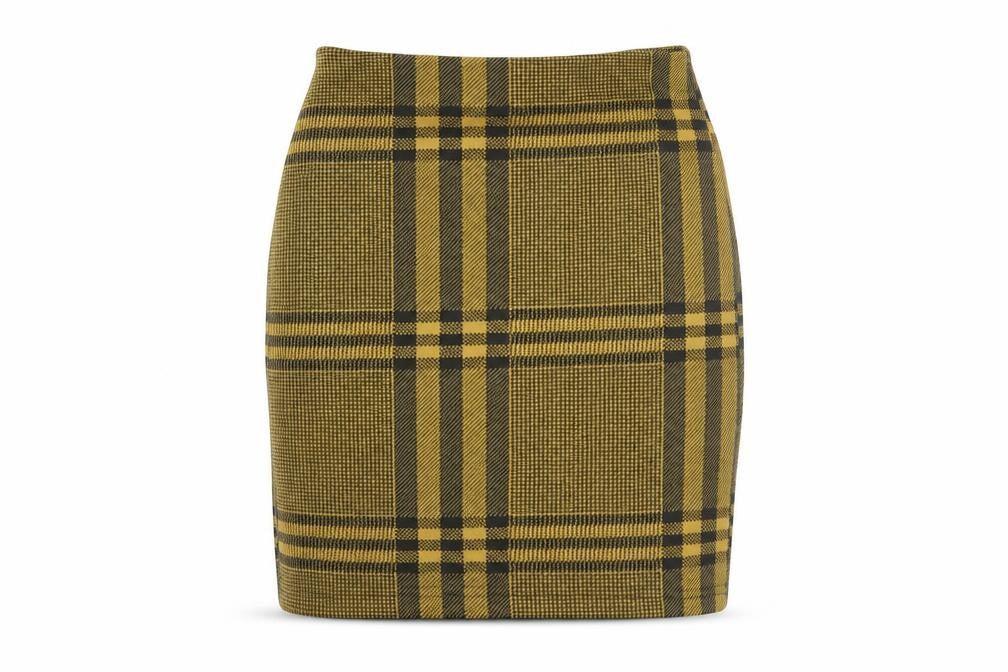 Front view of New Look women’s yellow houndstooth maxi skirt, size UK 8