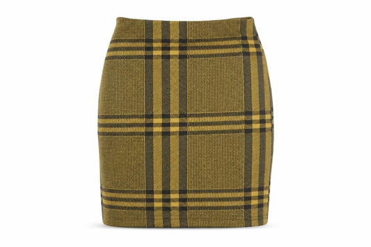 Front view of New Look women’s yellow houndstooth maxi skirt, size UK 8