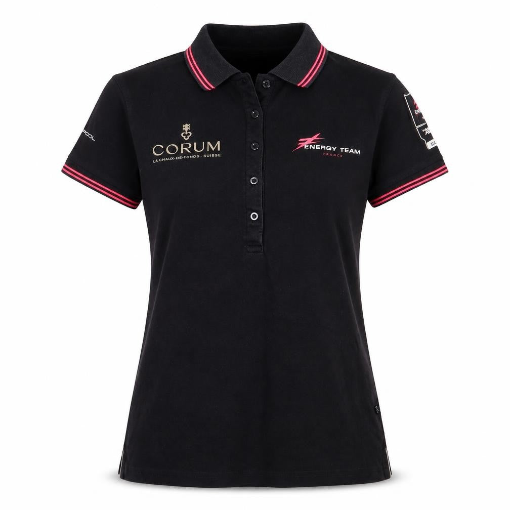 Front view of Marine Pool women’s black basic polo, size S, - energy team france