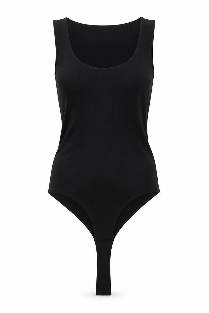 Front view of PRETTYLITTLETHING women’s black unitard one-piece, size UK 8