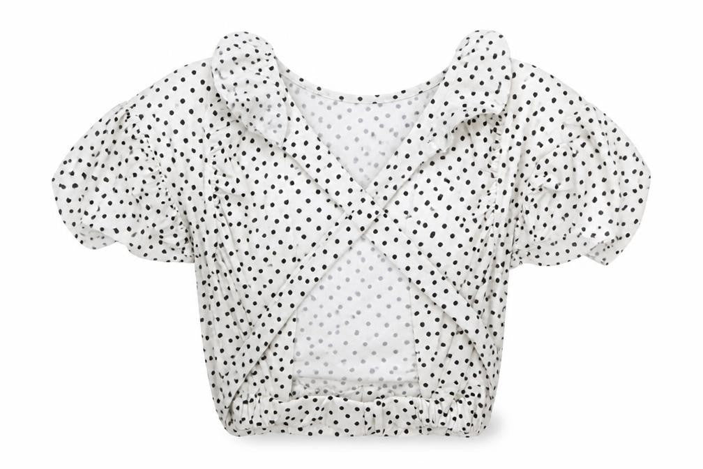 Front view of Boohoo women’s white polka dot basic blouse, size UK 8