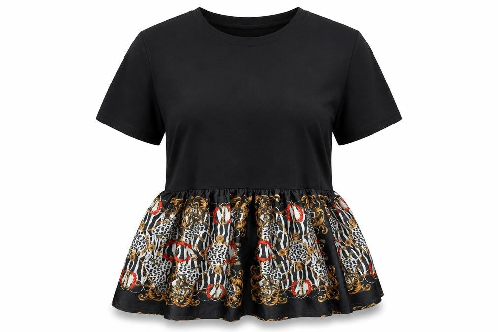Front view of Boohoo women’s black animal print basic t-shirt, size S