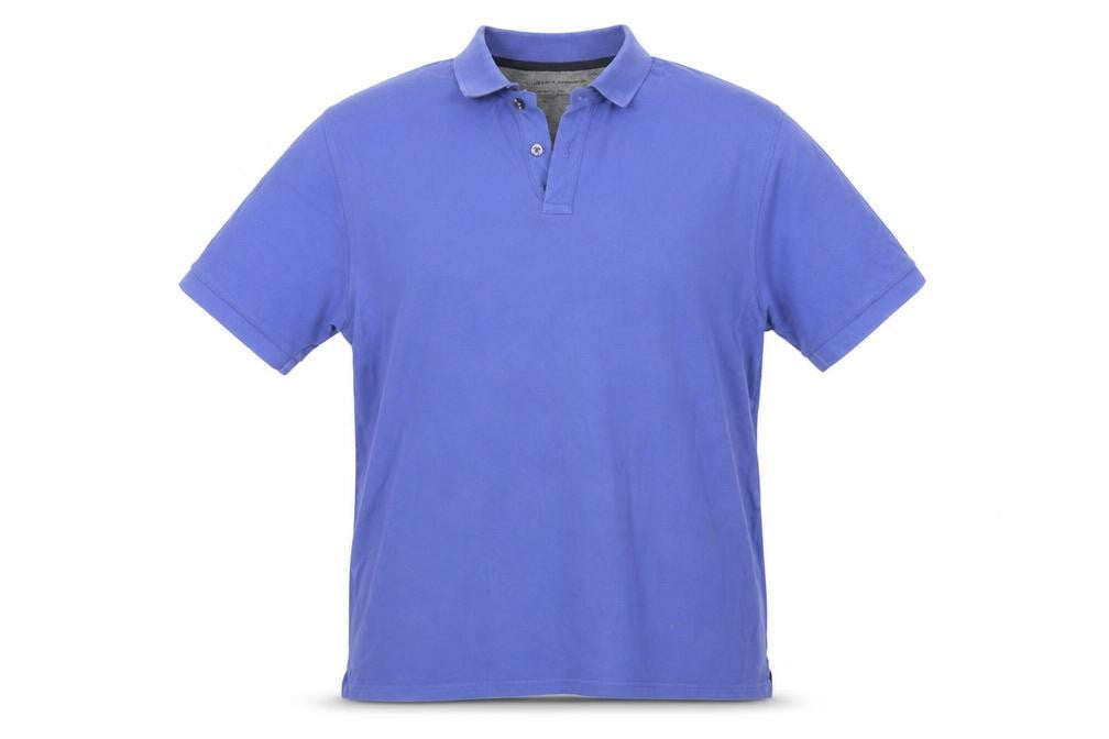 Front view of MODERN ESSENTIALS men’s blue polo, size M