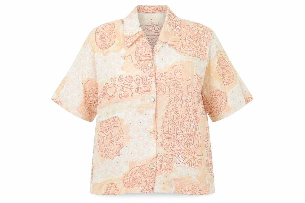 Front view of Preworn women’s beige paisley basic button-up, size UK 14
