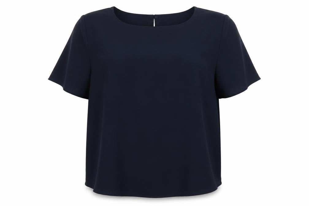 Front view of Preowrn women’s blue basic blouse, size UK 24