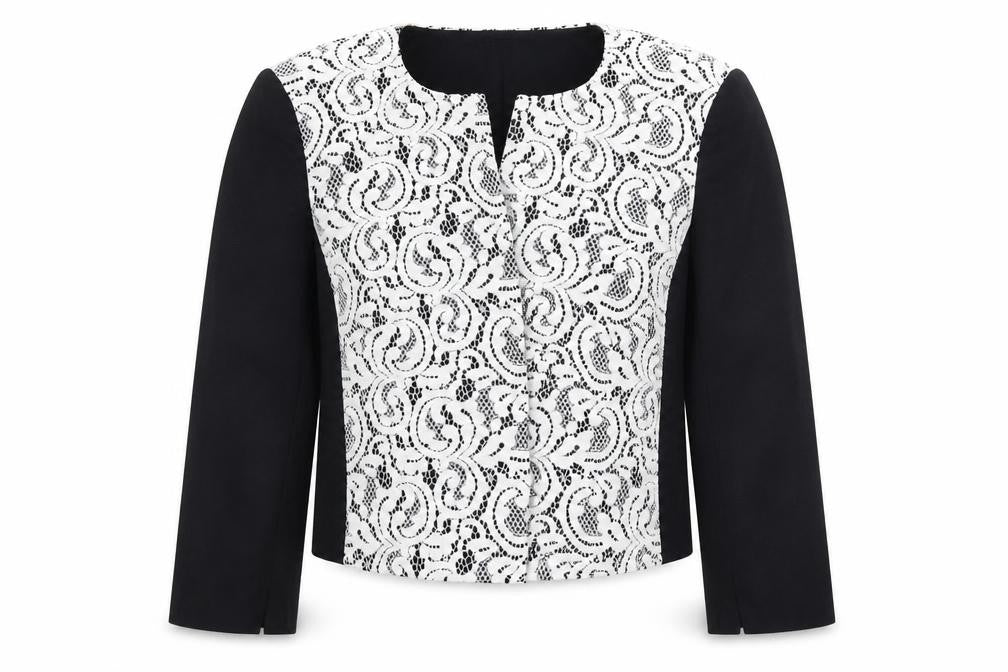 Front view of Planet women’s black jacket blazer, size UK 8, - lace detail office work jacket