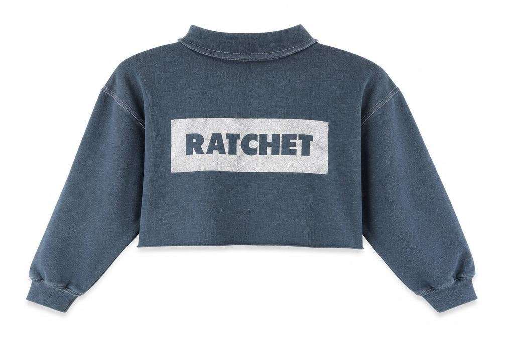 Front view of Ratchet women’s blue pullover sweatshirt, size S, - crop top