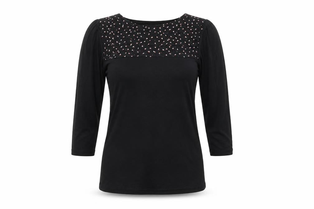 Front view of Marks & Spencer women’s black floral basic t-shirt, size UK 10