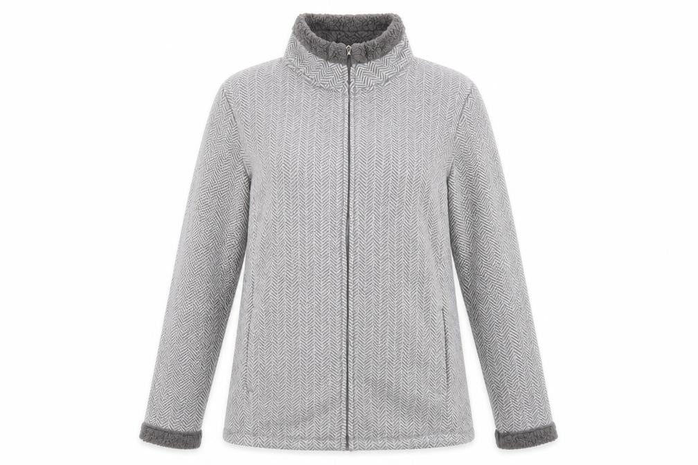Front view of women’s grey full zip hoodie, size M