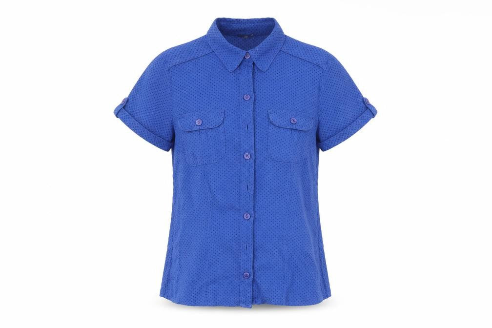 Front view of H&M women’s blue polka dot basic button-up, size UK 6