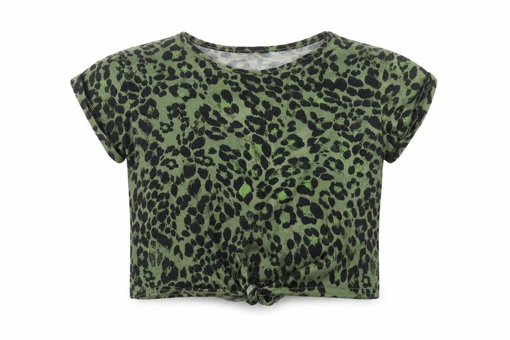 Front view of M&Co women’s green animal print basic t-shirt, size UK 10