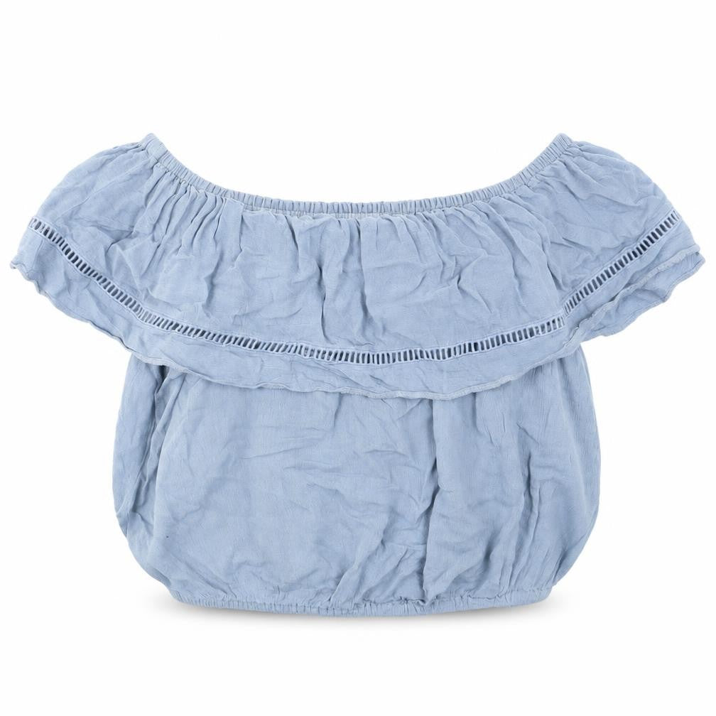 Front view of New Look women’s blue cropped t-shirt, size UK 14