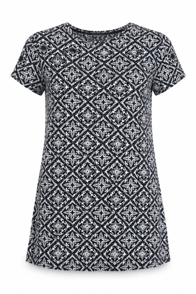 Front view of Marks & Spencer women’s blue geometric knit jumper, size UK 14